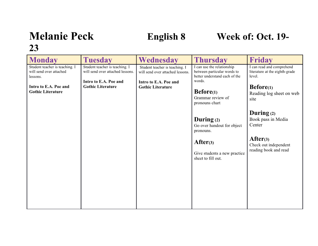 Melanie Peck English 8 Week Of: Oct. 19-23