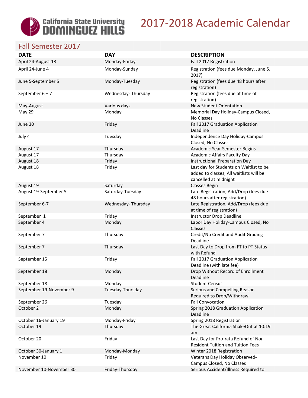 2017-2018 Academic Calendar