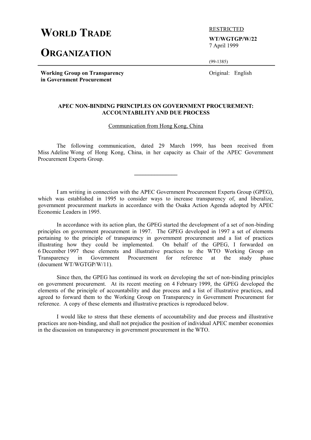 Apec Non-Binding Principles on Government Procurement: Accountability and Due Process