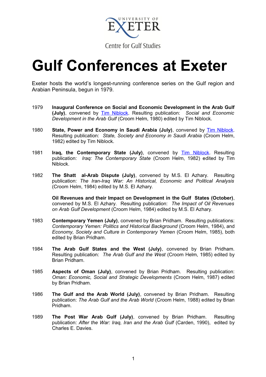 Conferences Held by Centre for Arab Gulf Studies / Iais and Accompanying Publications