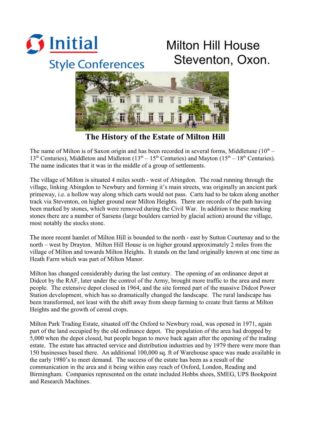 The History of the Estate of Milton Hill