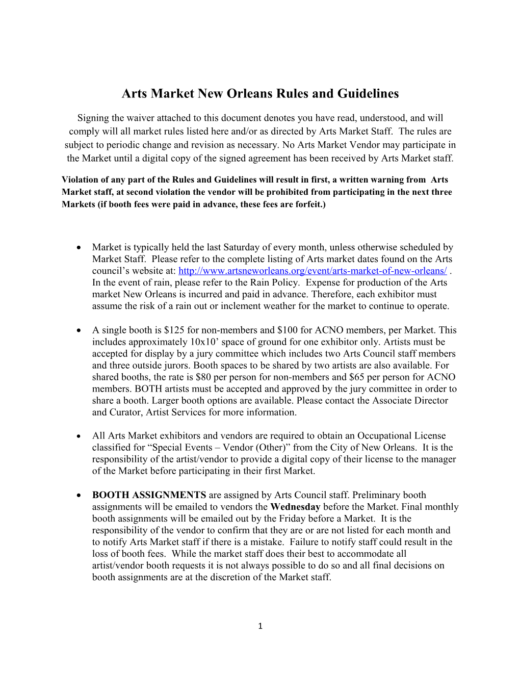 Arts Market New Orleans Rules and Guidelines