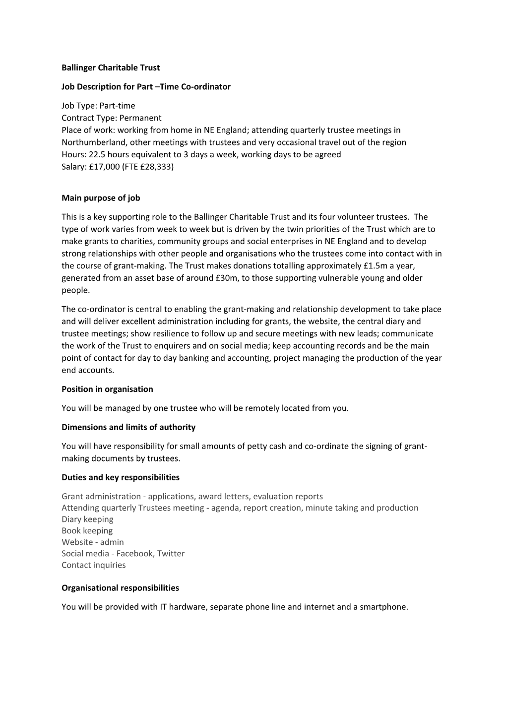 Job Description for Part Time Co-Ordinator