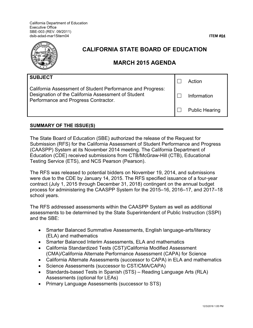 March 2015 Agenda Item 04 - Meeting Agendas (CA State Board of Education)