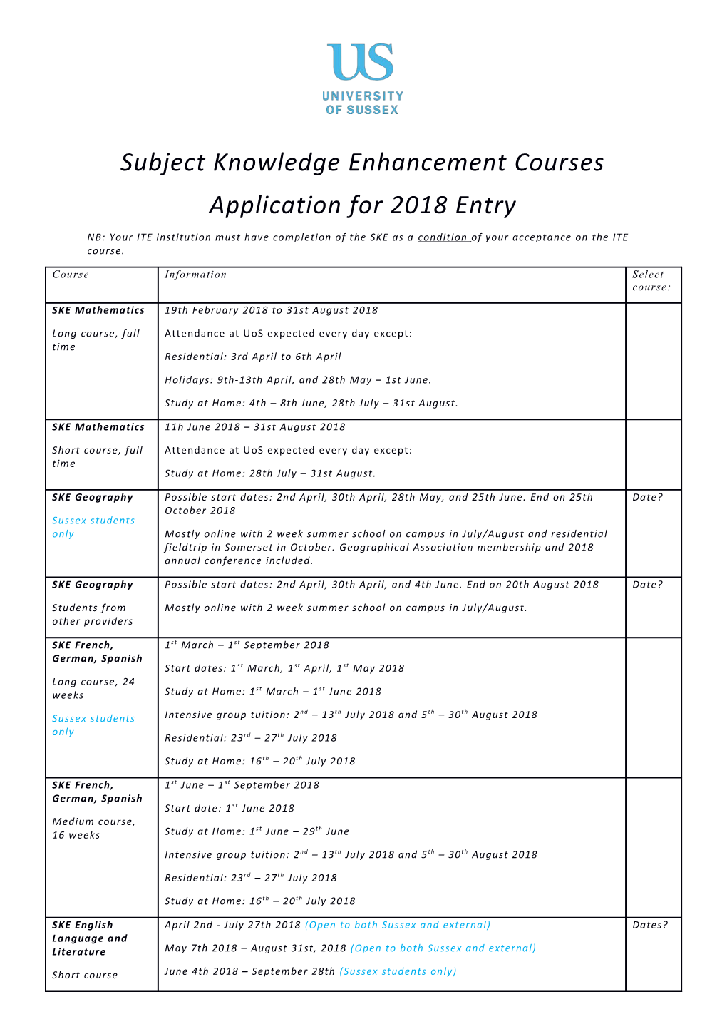 Subject Knowledge Enhancement Courses