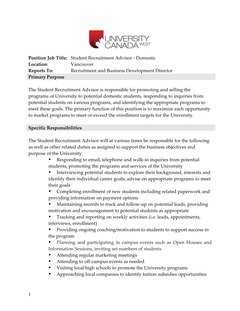Position Job Title: Student Recruitment Advisor - Domestic