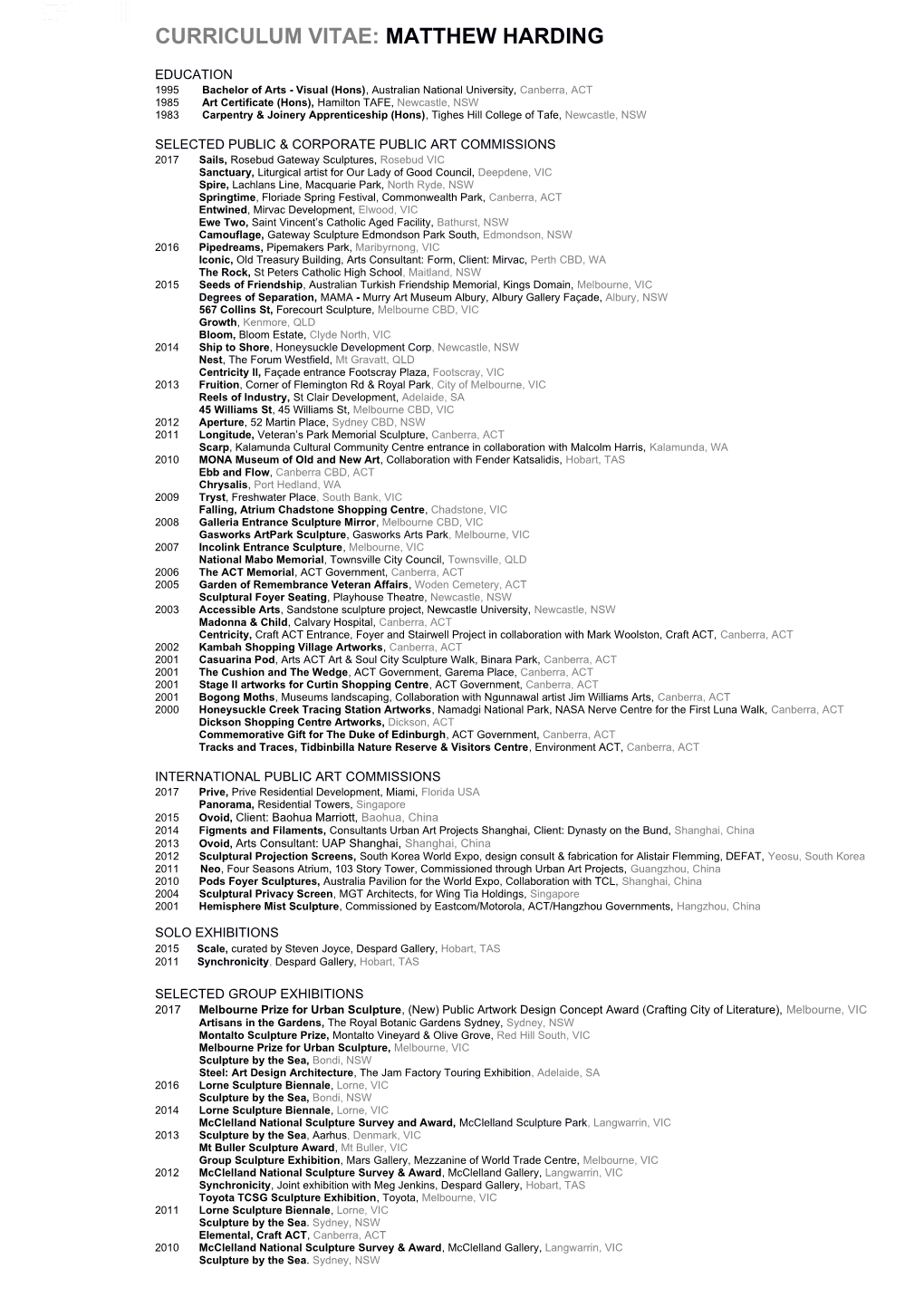 Curriculum Vitae: Matthew Harding