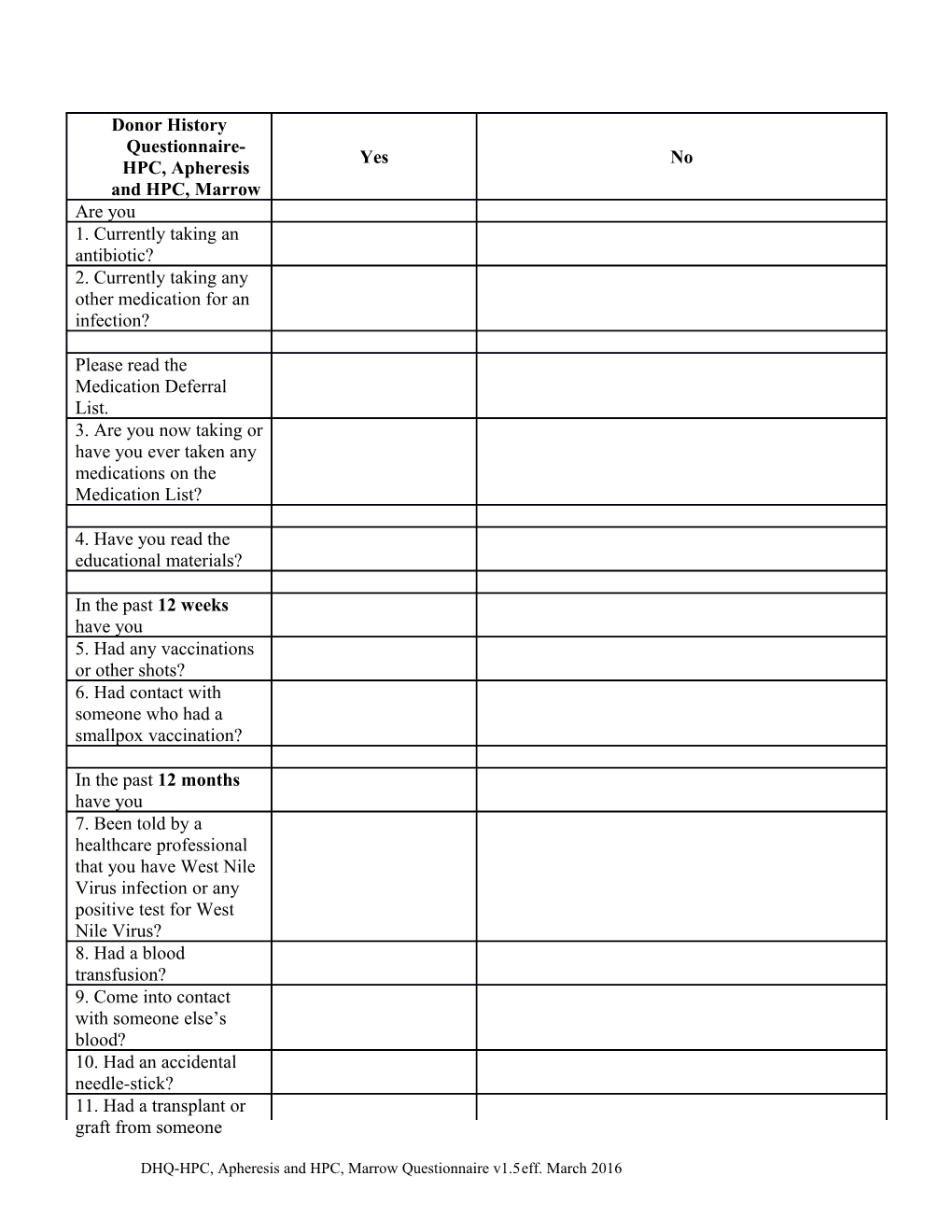 HPC, Apheresis and HPC, Marrow DHQ Version 1.5, March 2016 Questionnaire