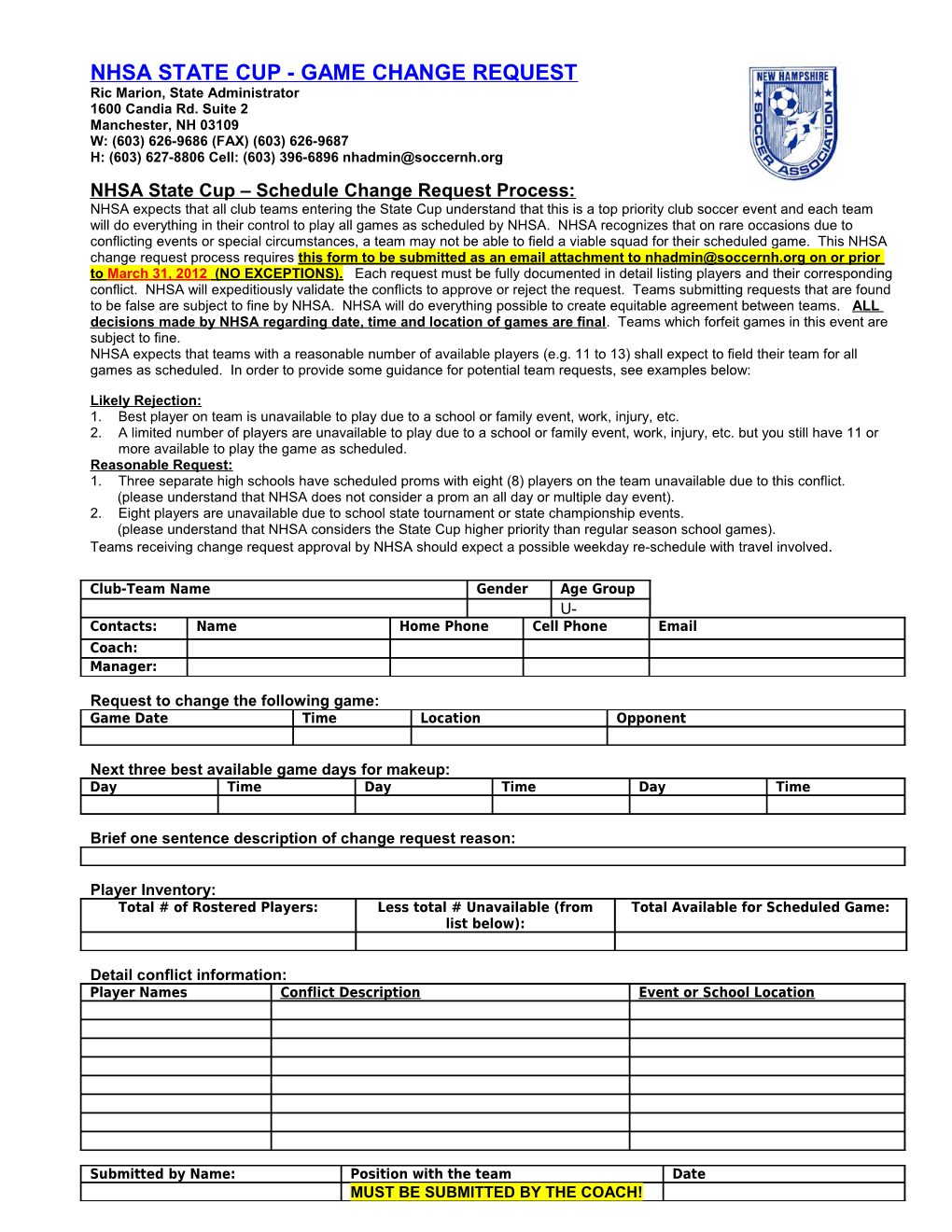 Nhsa State Cup Game Change Request