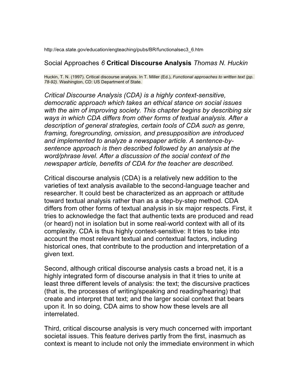 Social Approaches 6 Critical Discourse Analysis Thomas N. Huckin