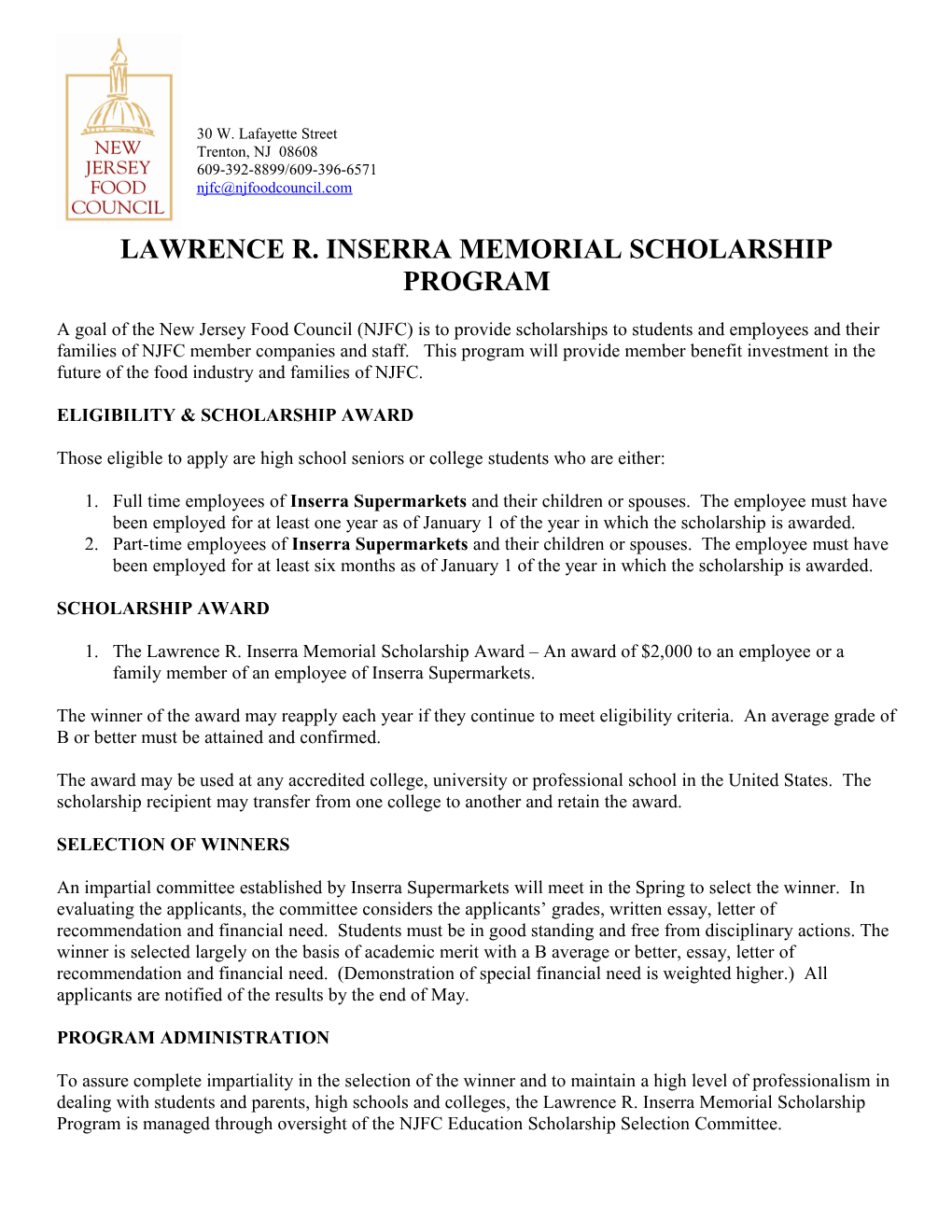 Lawrence R. Inserra Memorial Scholarship Program