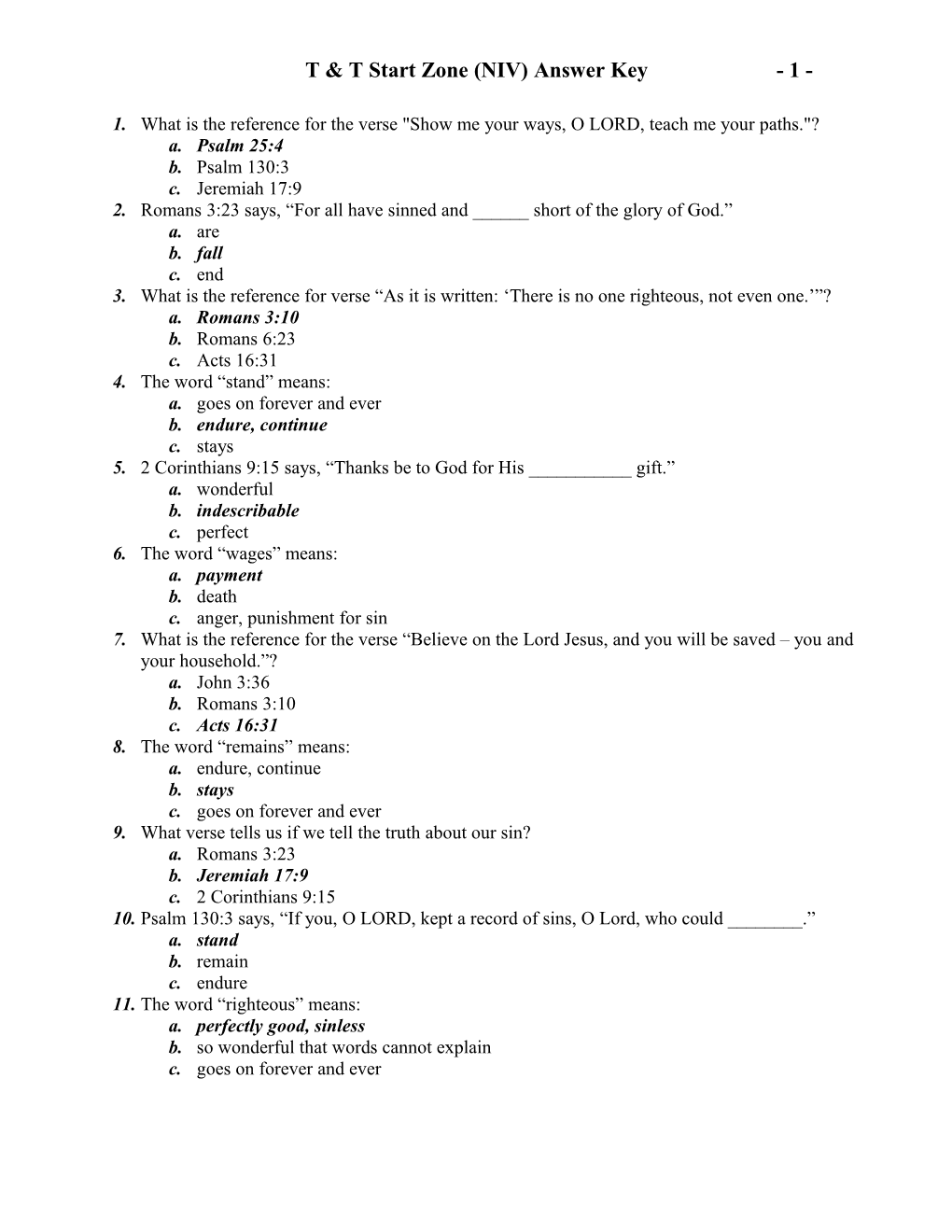 T & T Start Zone (NIV) Answer Key- 1