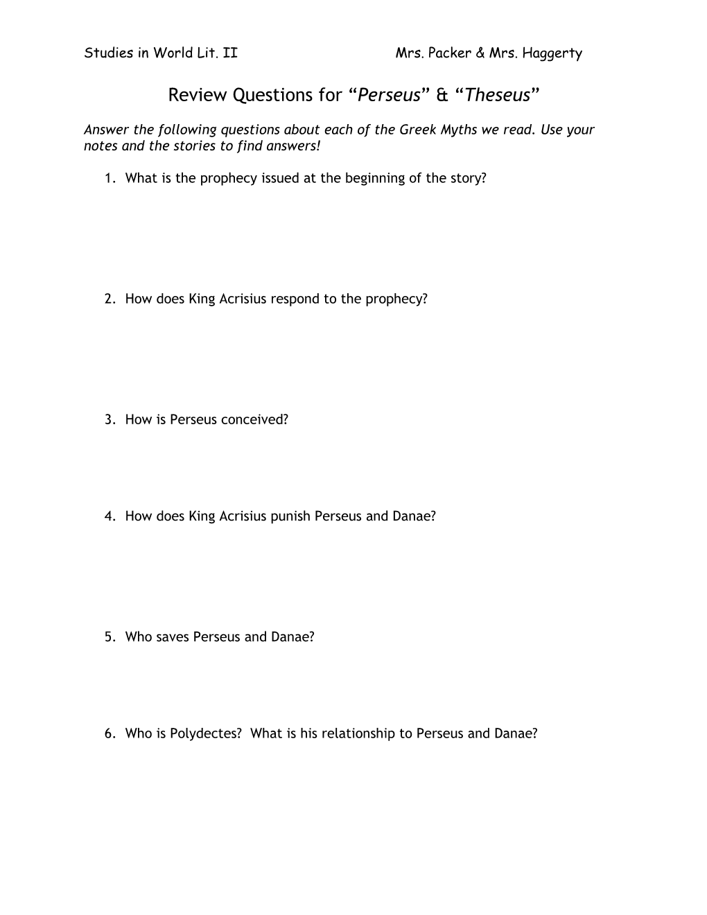 Review Questions for Perseus & Theseus