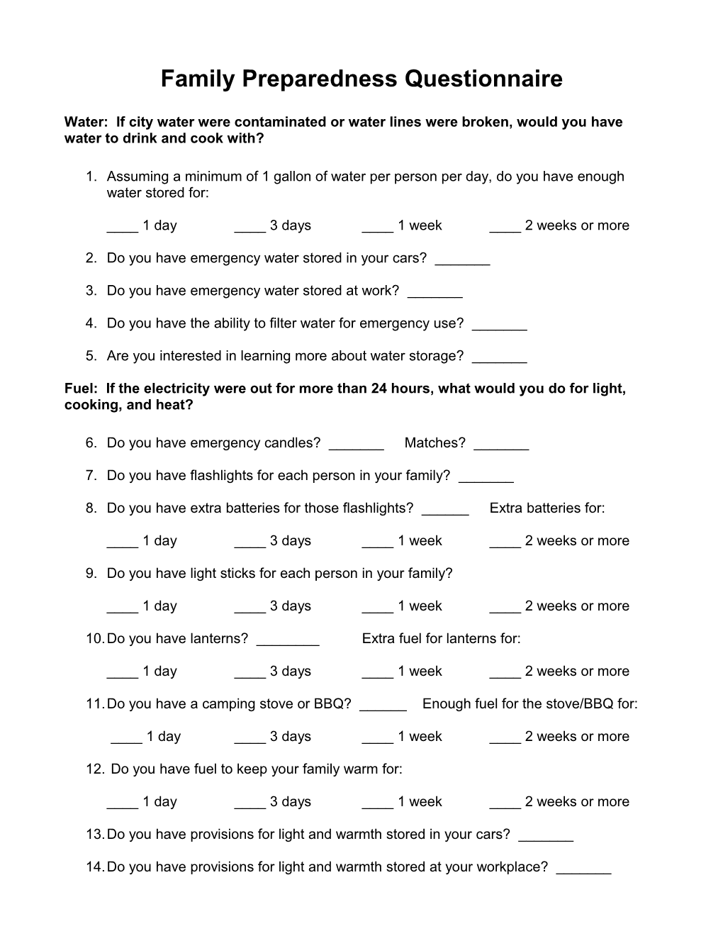 Family Preparedness Questionnaire