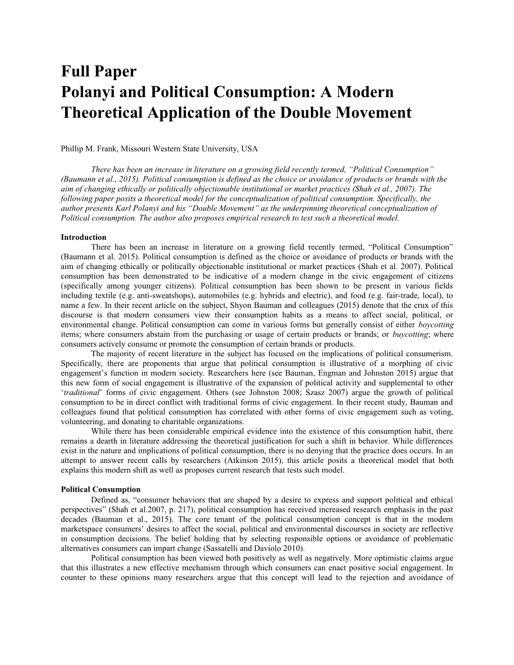Polanyiand Political Consumption: a Modern Theoretical Applicationofthe Double Movement