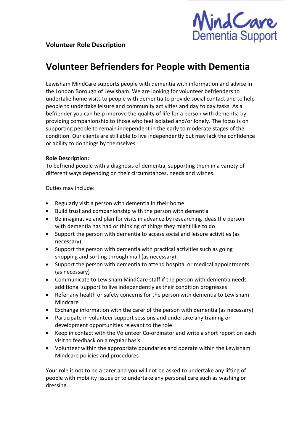 Role Title: Befrienders for People with Dementia