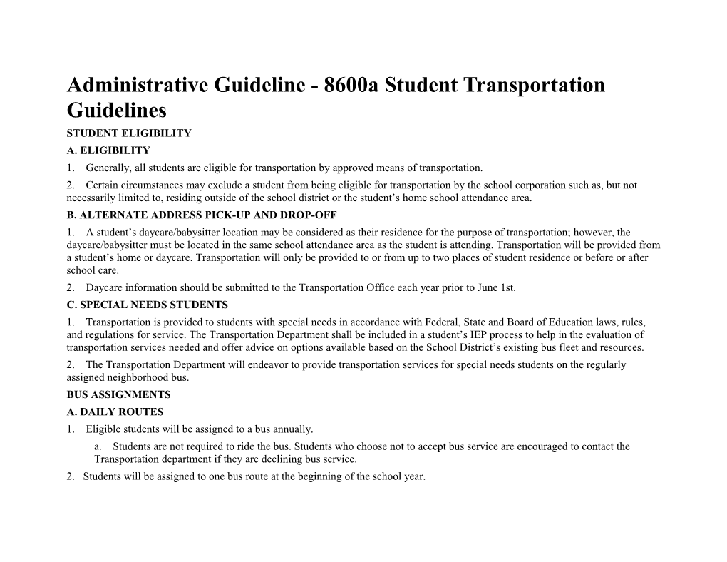 Administrative Guideline - 8600A Student Transportation Guidelines