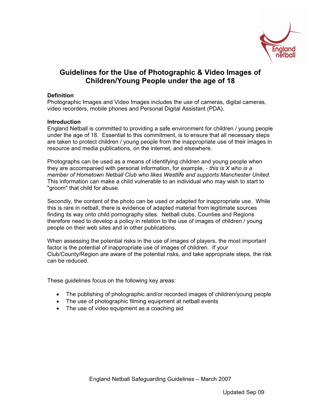 Guidelines for the Use of Photographic & Video Images of Children/Young People Under The