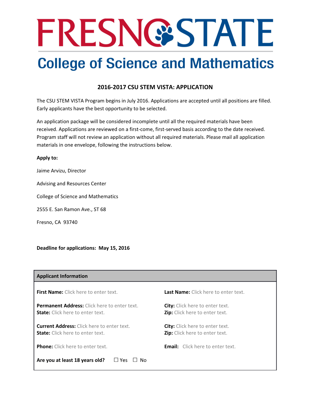 2016-2017 Csu Stem Vista: Application