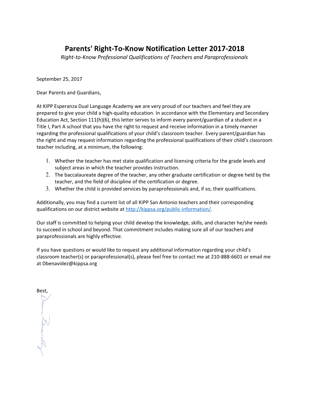 Parents' Right-To-Know Notification Letter 2017-2018
