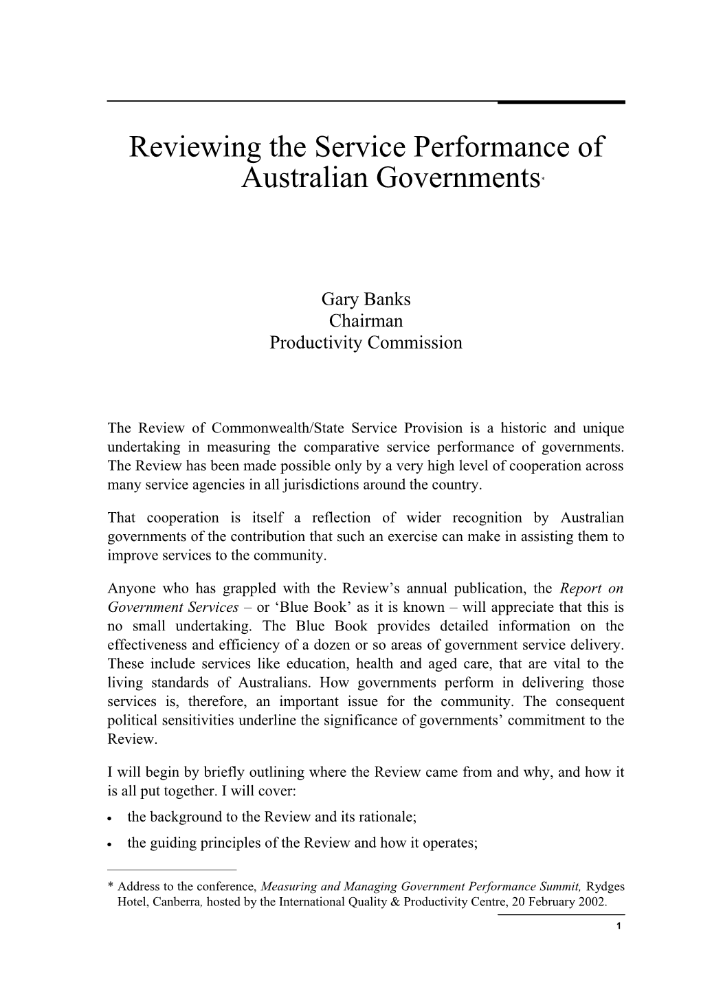 Reviewing the Service Performance of Australian Governments *