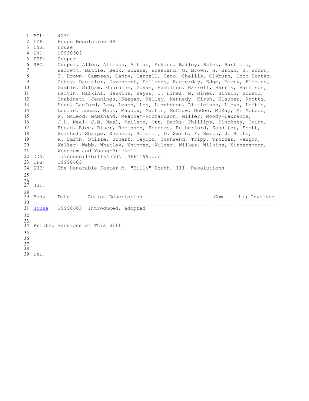 1999-2000 Bill 4239: the Honorable Foster M. Billy Routh, III, Resolutions - South Carolina