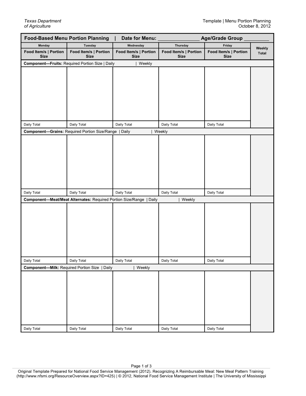 Use This Template to Assist in Planning Weekly Menus That Meet the New Meal Pattern