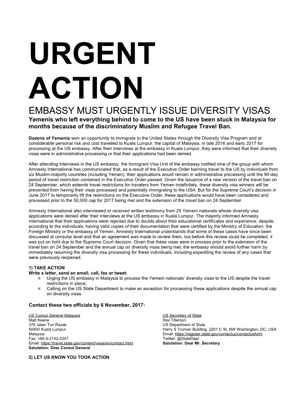 Embassy Must Urgently Issue Diversity Visas