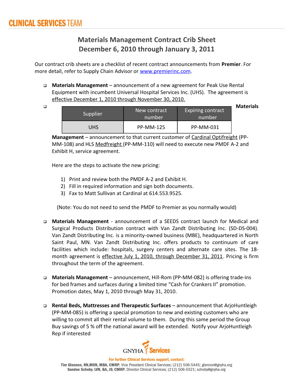 Materials Management Contract Crib Sheet