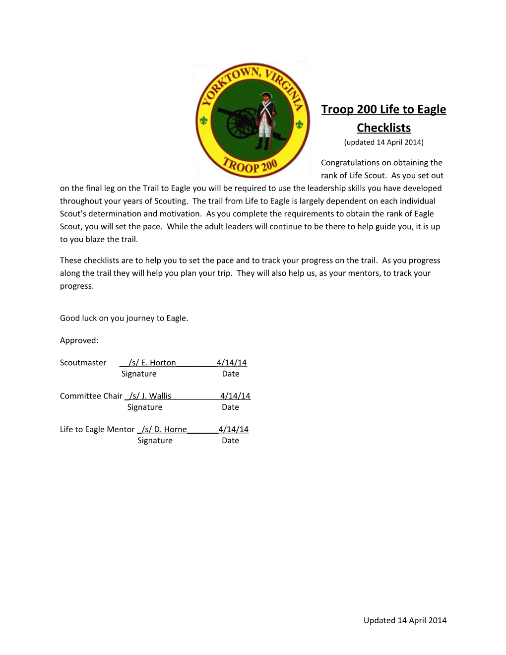 Troop 200 Life to Eagle Checklists (Updated 14 April 2014)
