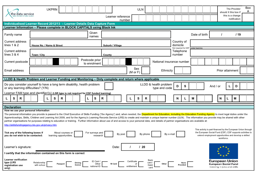 Learner Details Data Capture Form 2012/13 Version 1.1