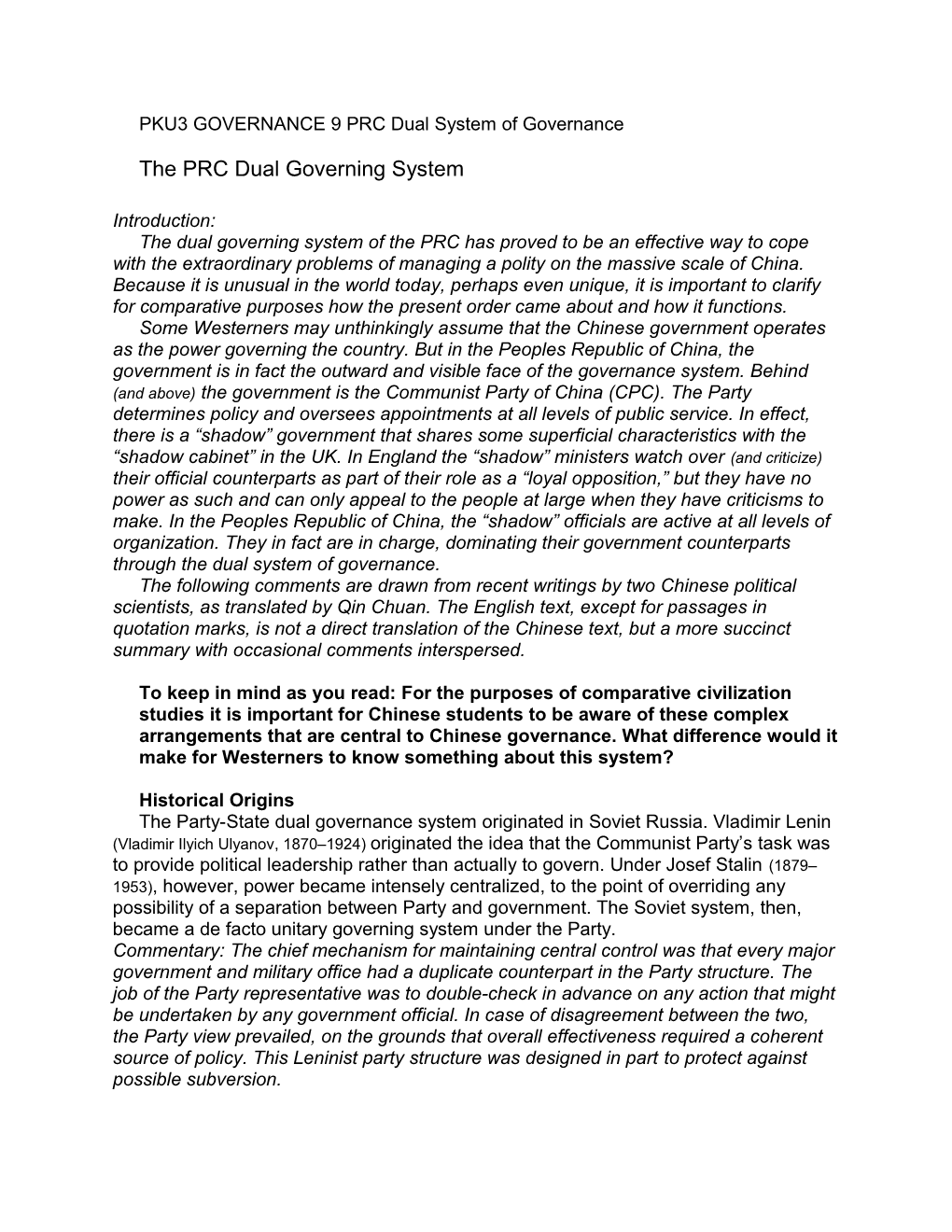 PKU3 GOVERNANCE 9 PRC Dual System of Governance