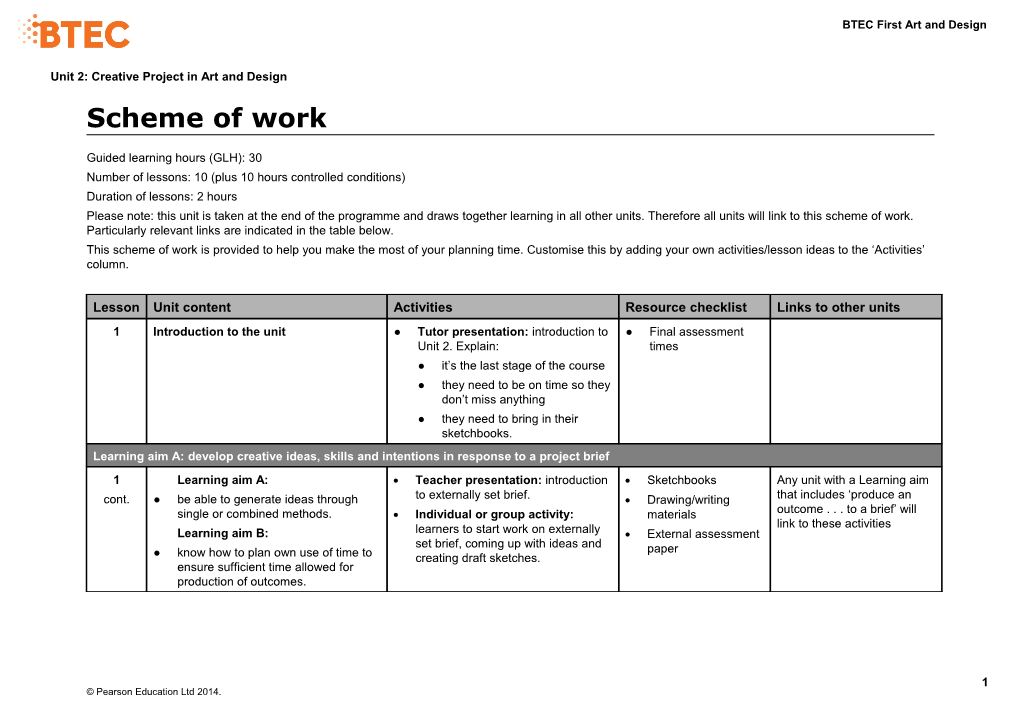 Unit 2: Creative Project in Art and Design - Scheme of Work (Version 1 Sept 14)