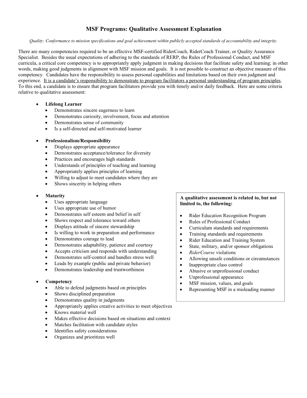 Qualifying Evidences of Ridercoach Trainer Certification