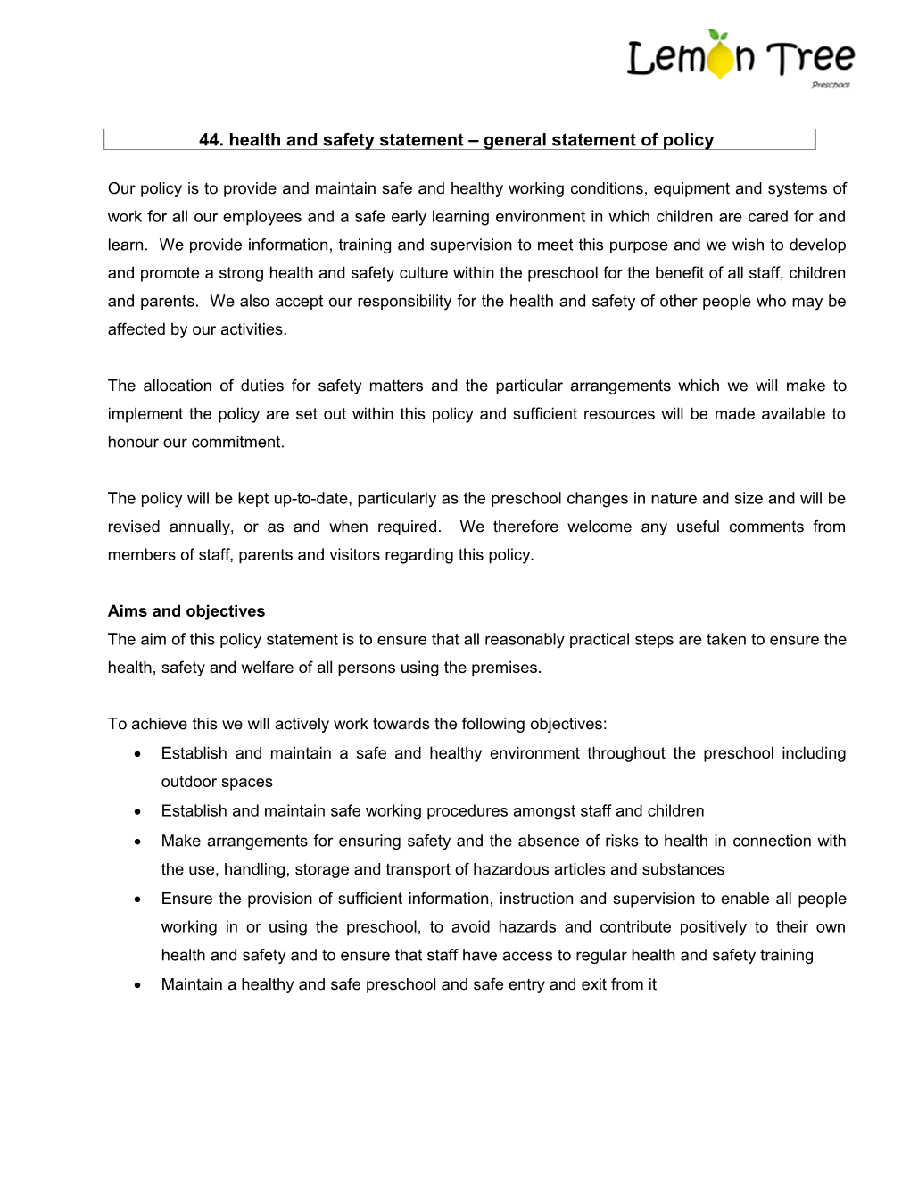 44. Health and Safety Statement General Statement of Policy