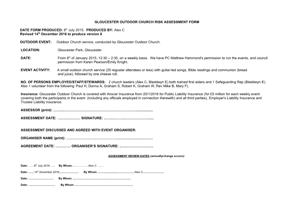 Outdoor Event Risk Assessment Form