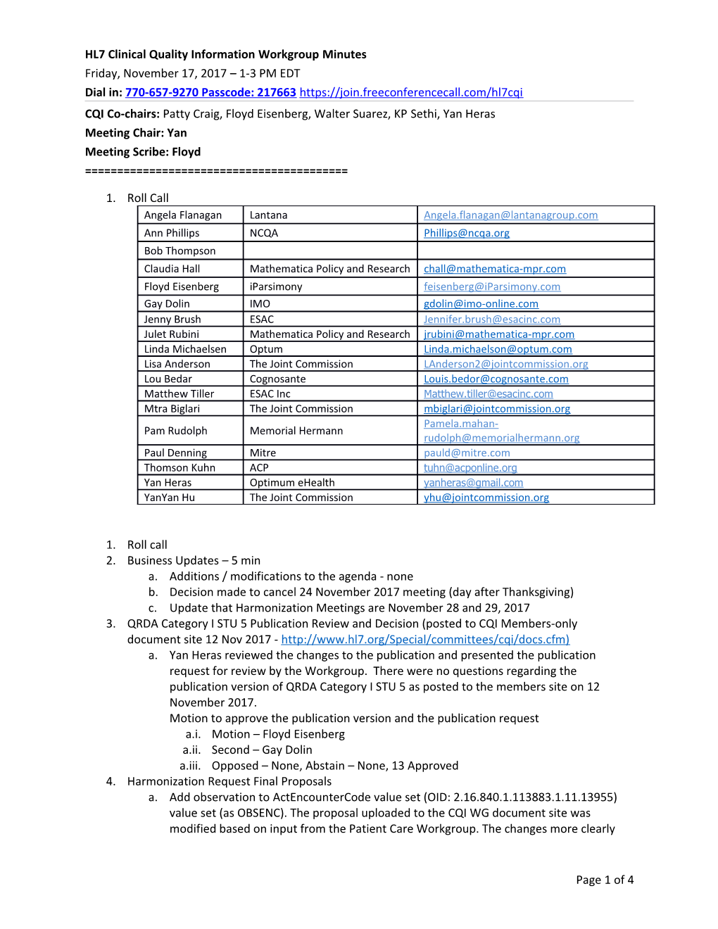 HL7 Clinical Quality Information Workgroup Minutes