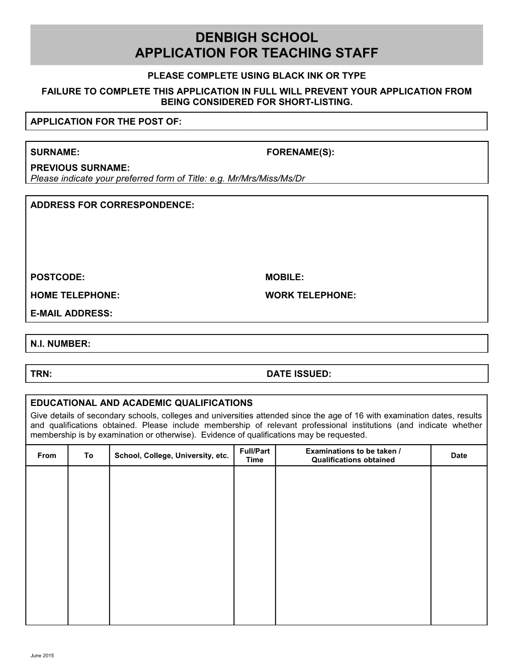 Application for Teaching Staff