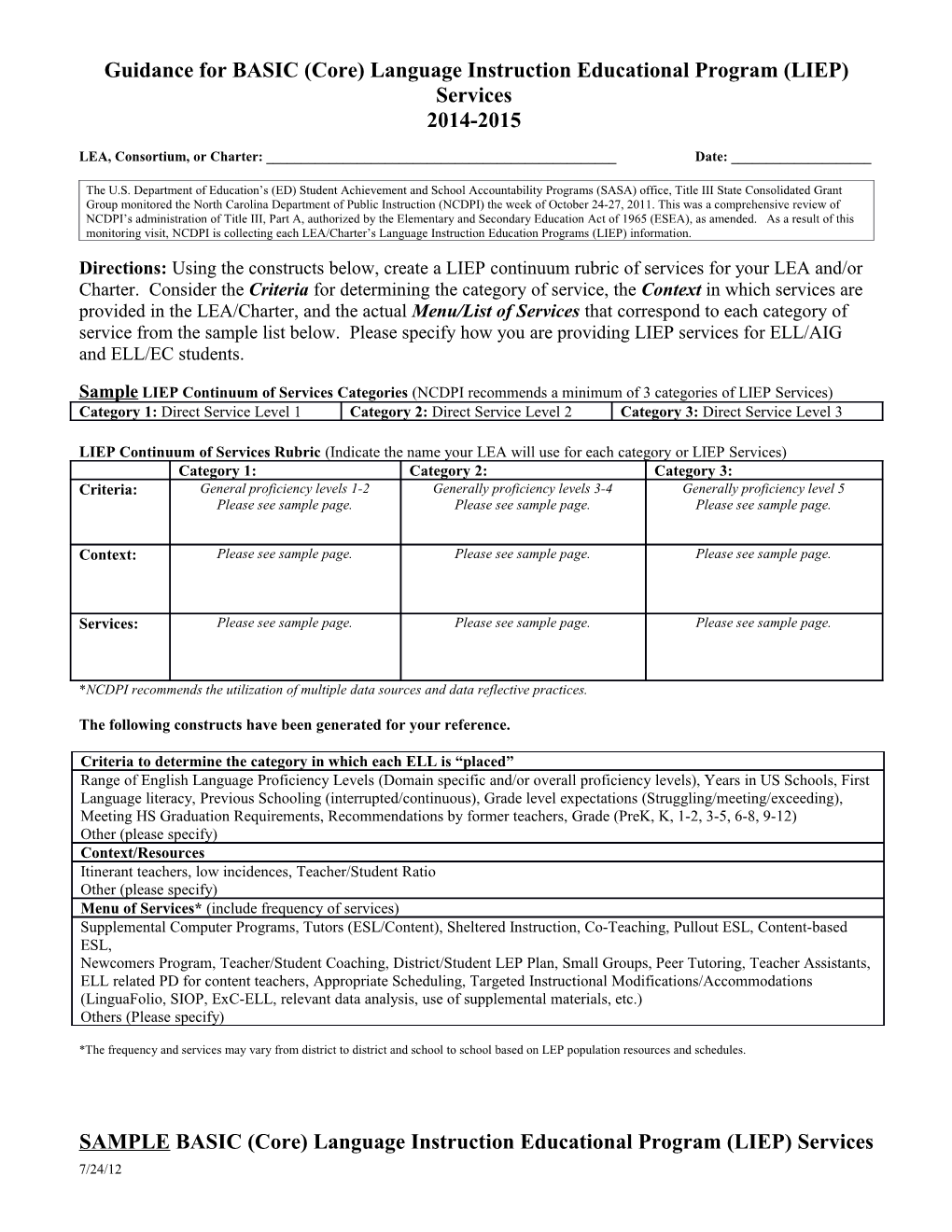 Guidance for BASIC (Core) Language Instruction Educational Program (LIEP) Services