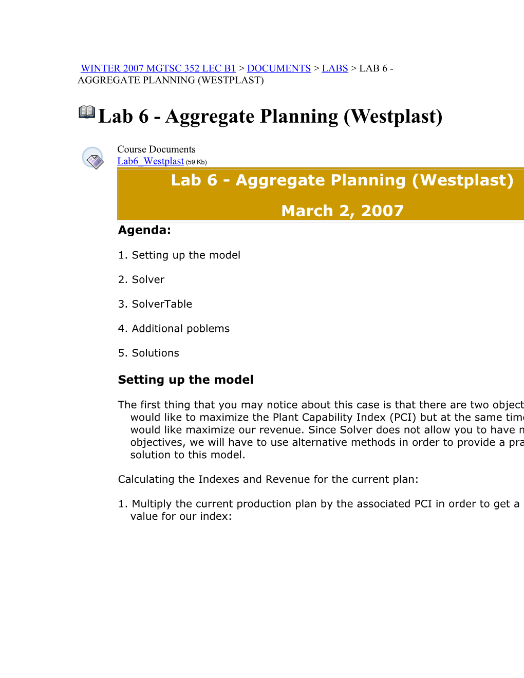 Lab 6 - Aggregate Planning (Westplast)