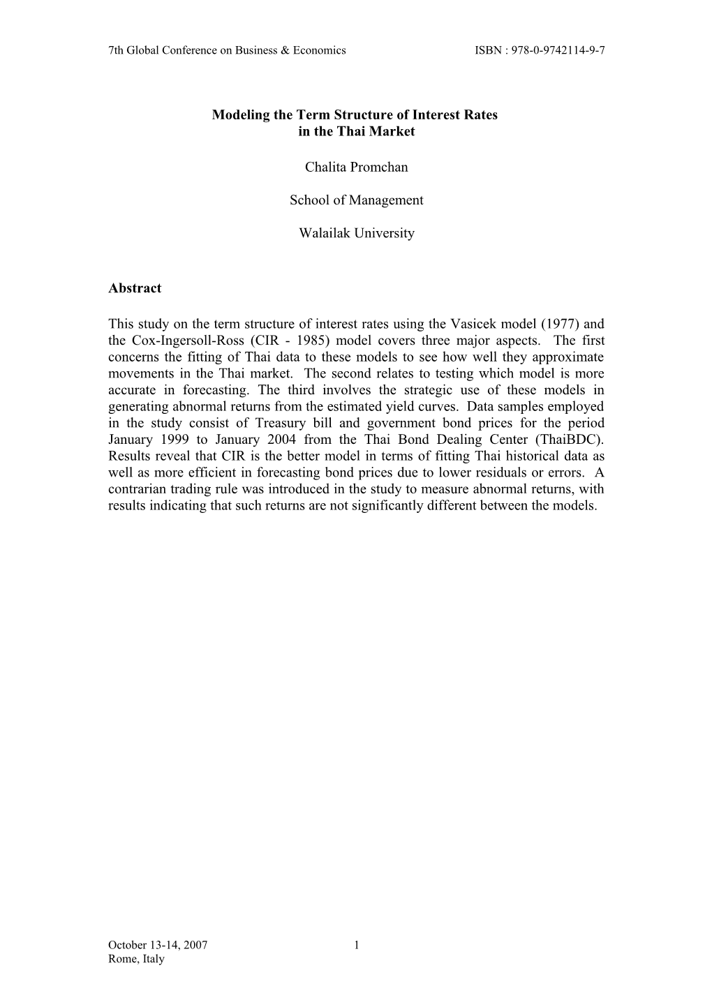 Modeling the Term Structure of Interest Rates in the Thai Market