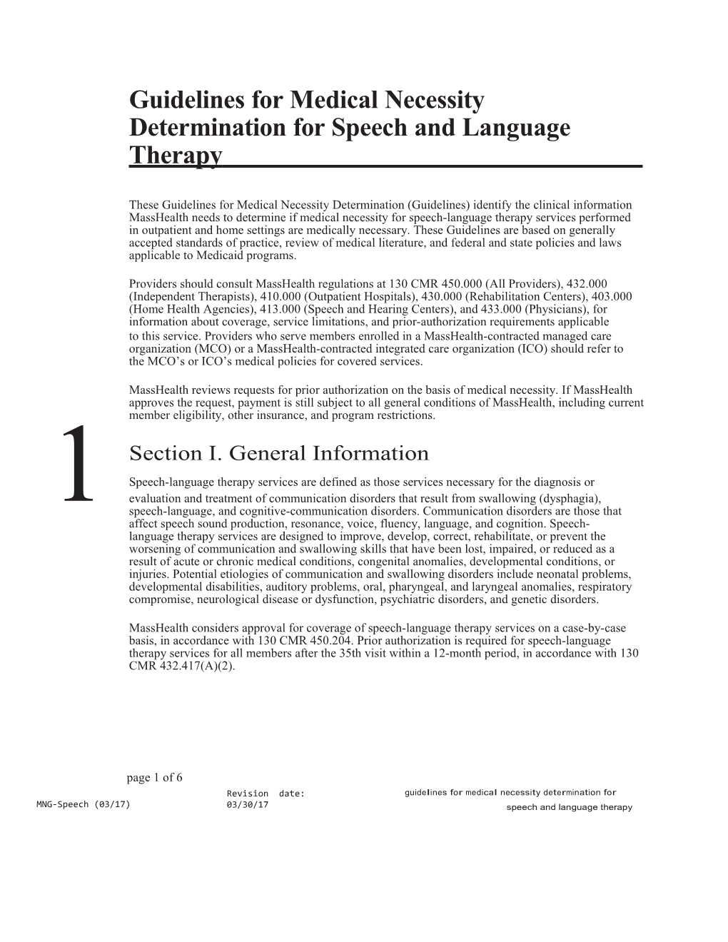 Guidelines for Medical Necessity Determination for Speech and Language Therapy