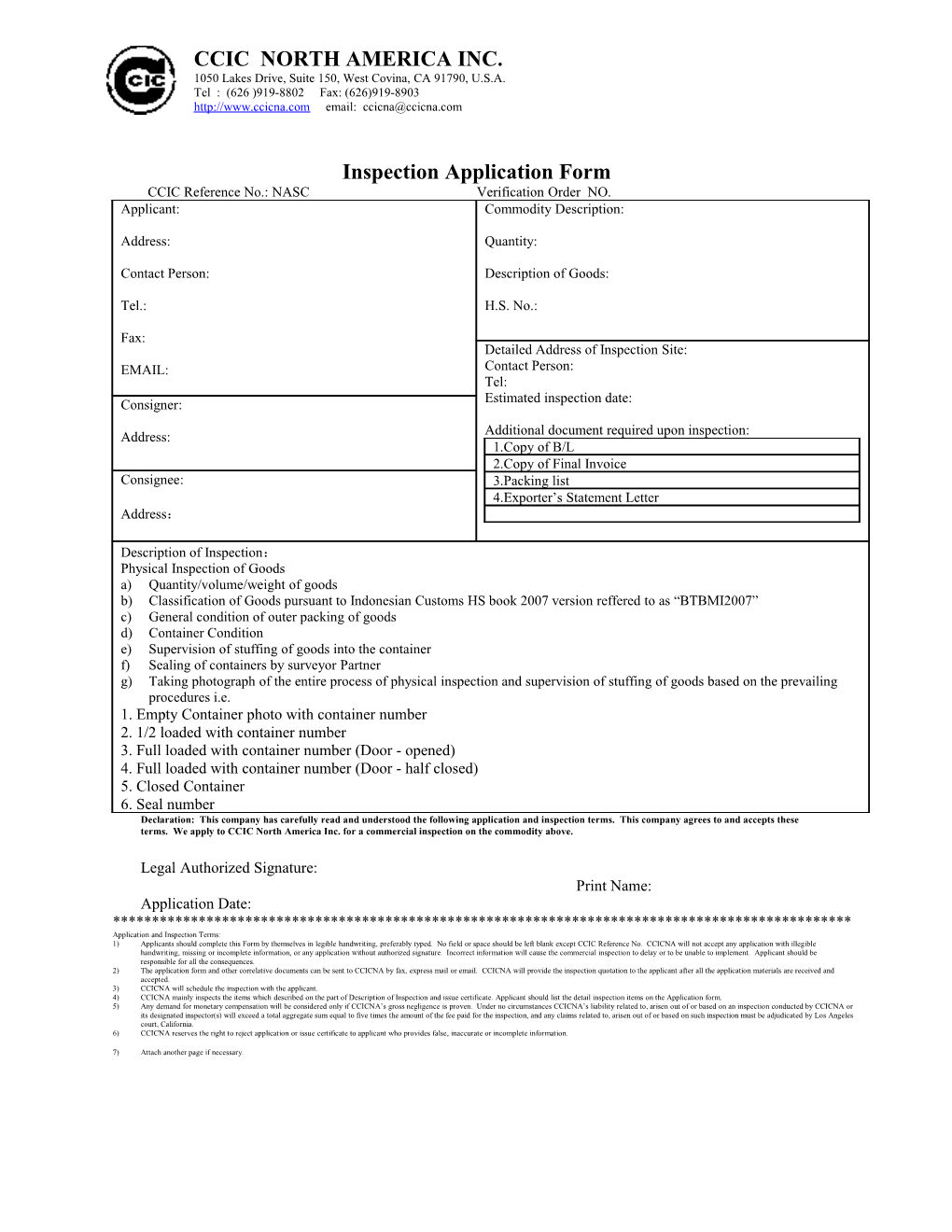 Inspection Application Form