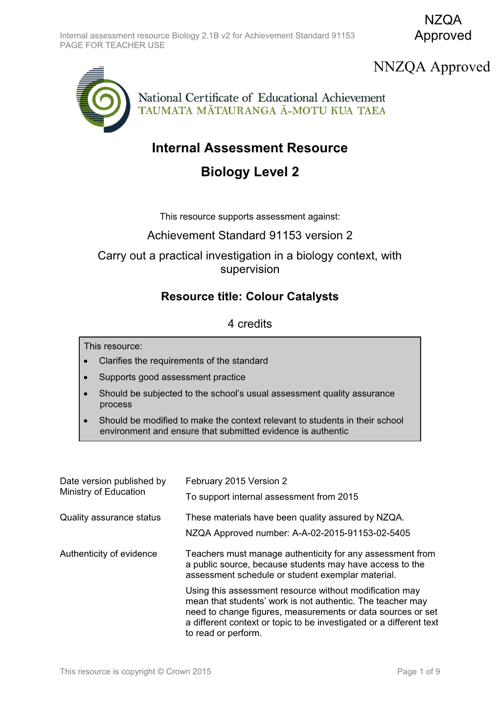 Level 2 Biology Internal Assessment Ressource