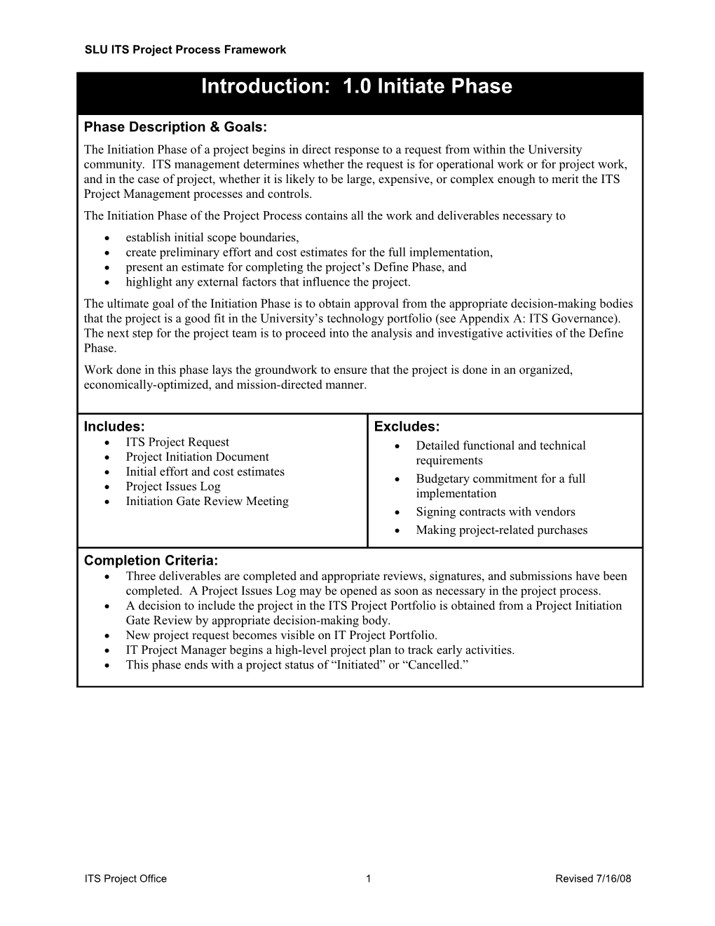 SLU ITS Project Process Framework