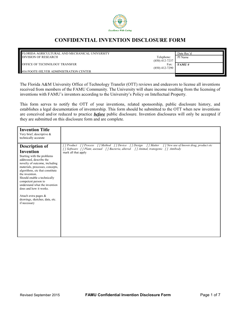 Confidential Invention Disclosure Form