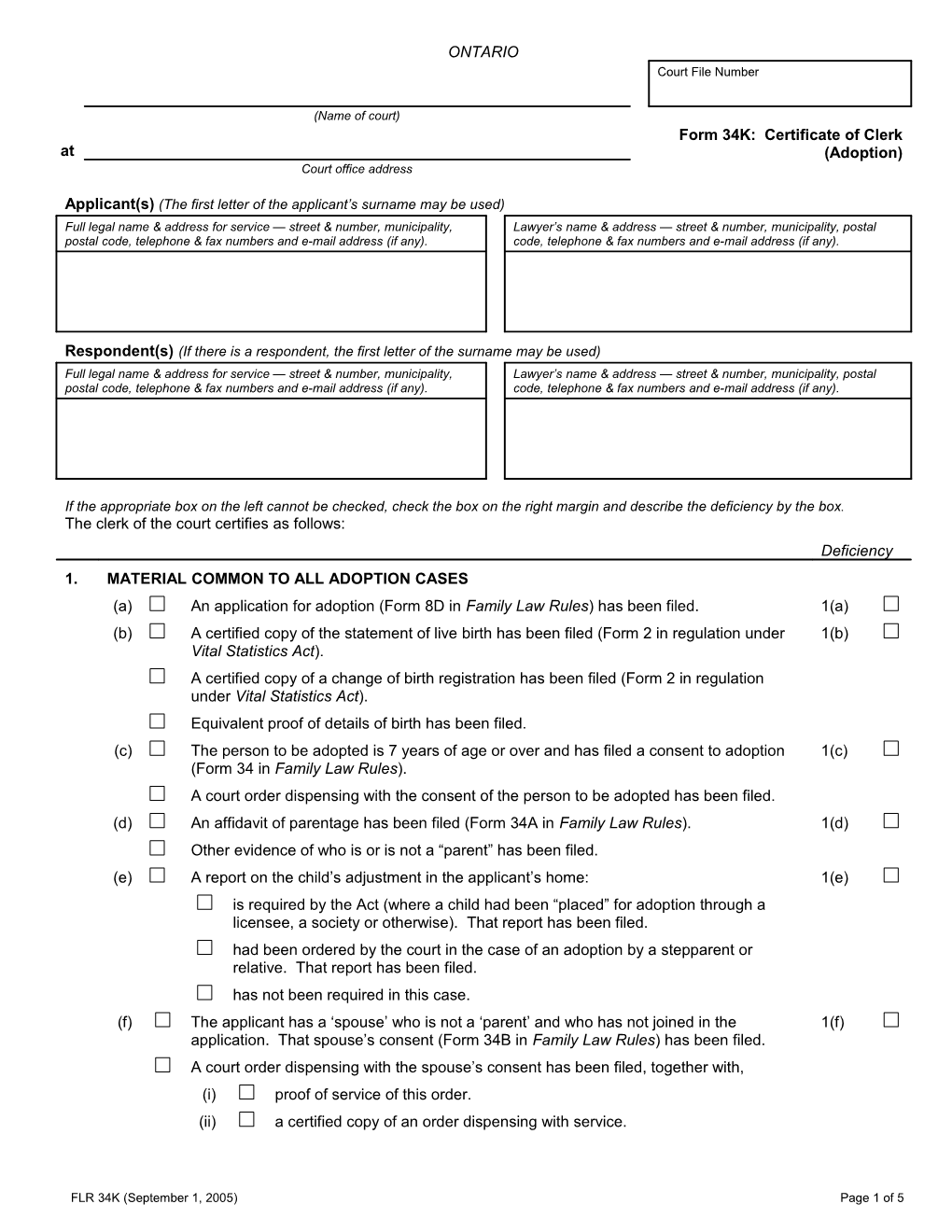 Form 34K Certificate of Clerk (Adoption)