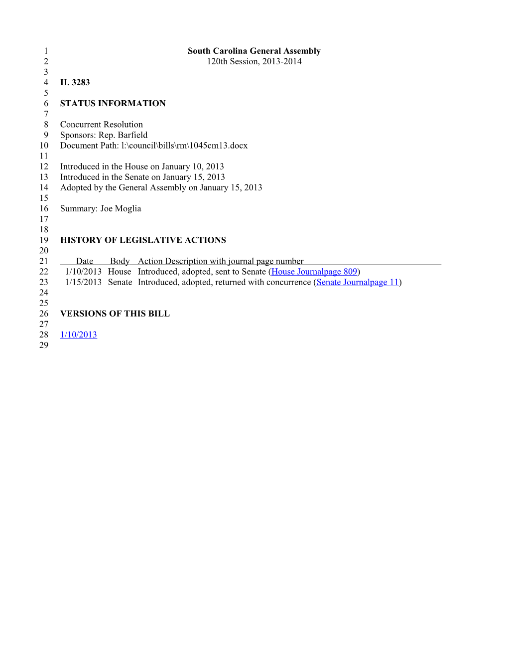 2013-2014 Bill 3283: Joe Moglia - South Carolina Legislature Online