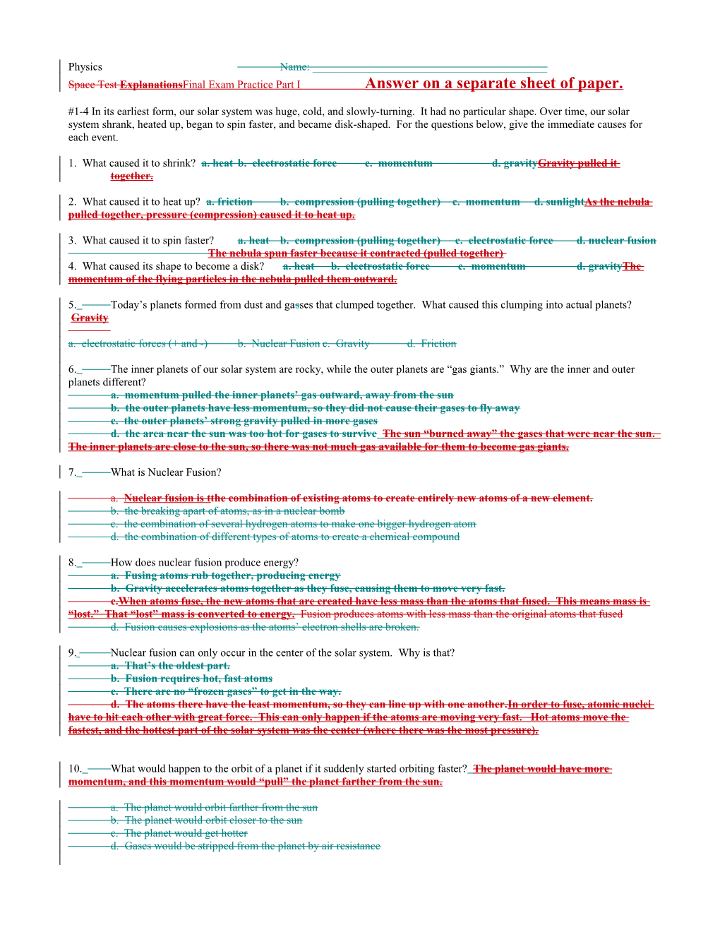 Space Test Explanationsfinal Exam Practice Part Ianswer on a Separate Sheet of Paper