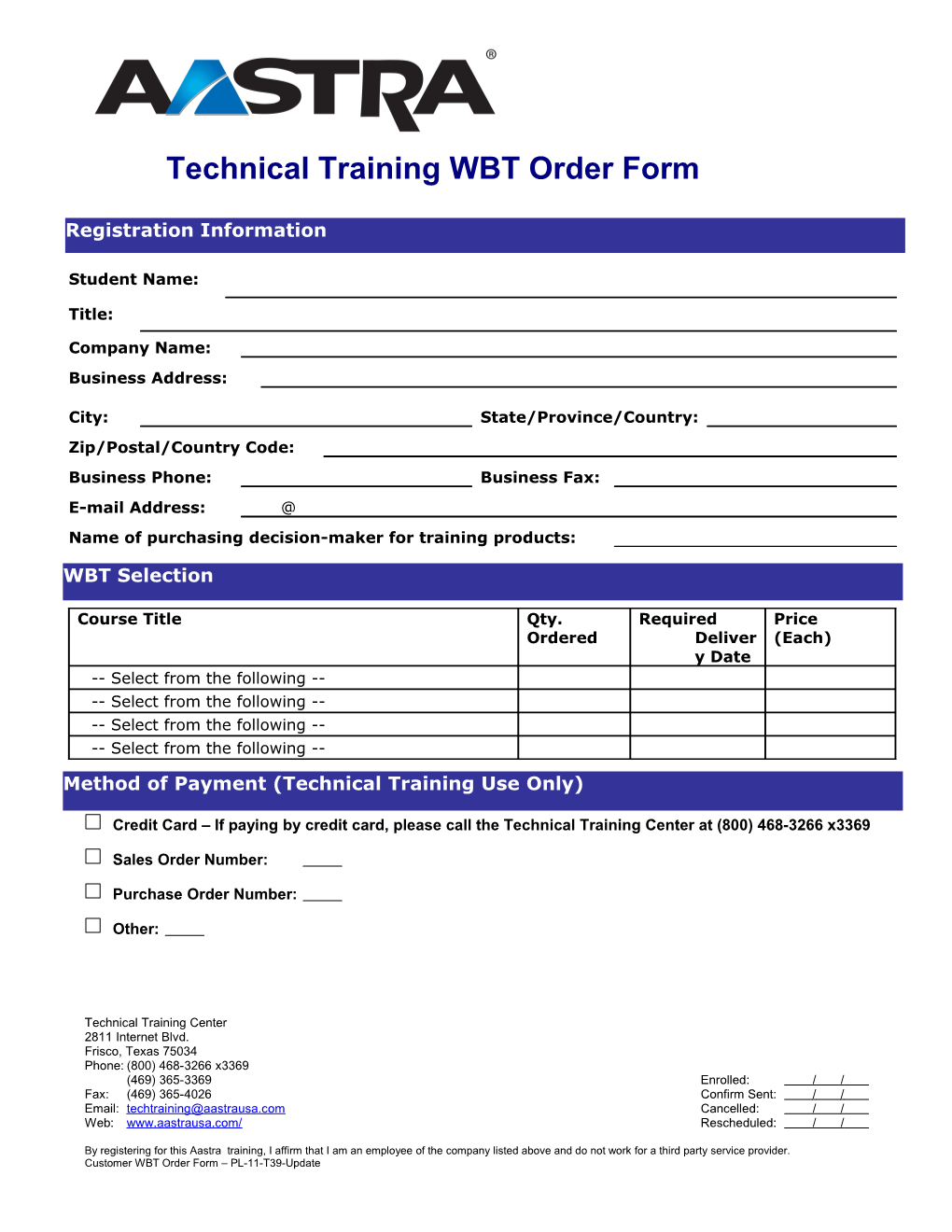 Intecom Technical Training Enrollment Form